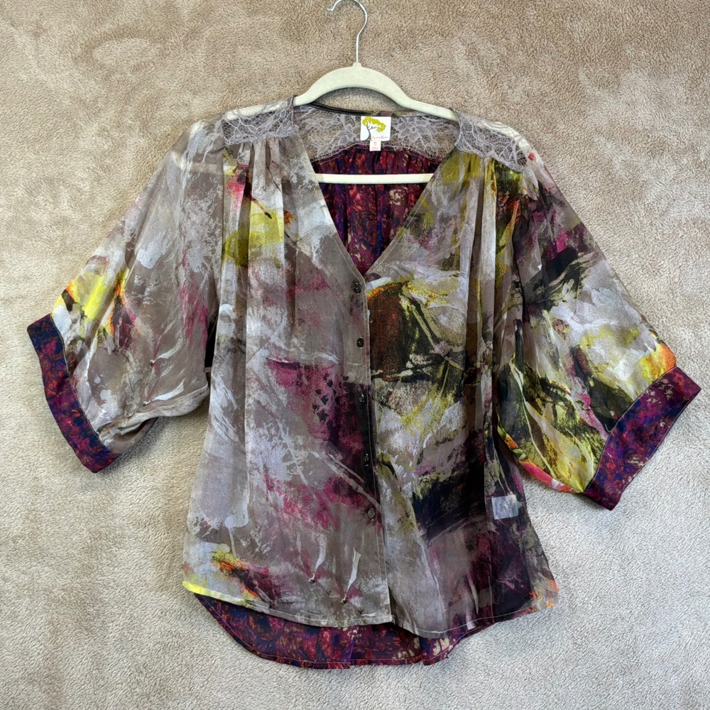 Fig and Flower Sheer Top S Abstract Floral Lace Blouse Artsy Whimsi Fairy EUC